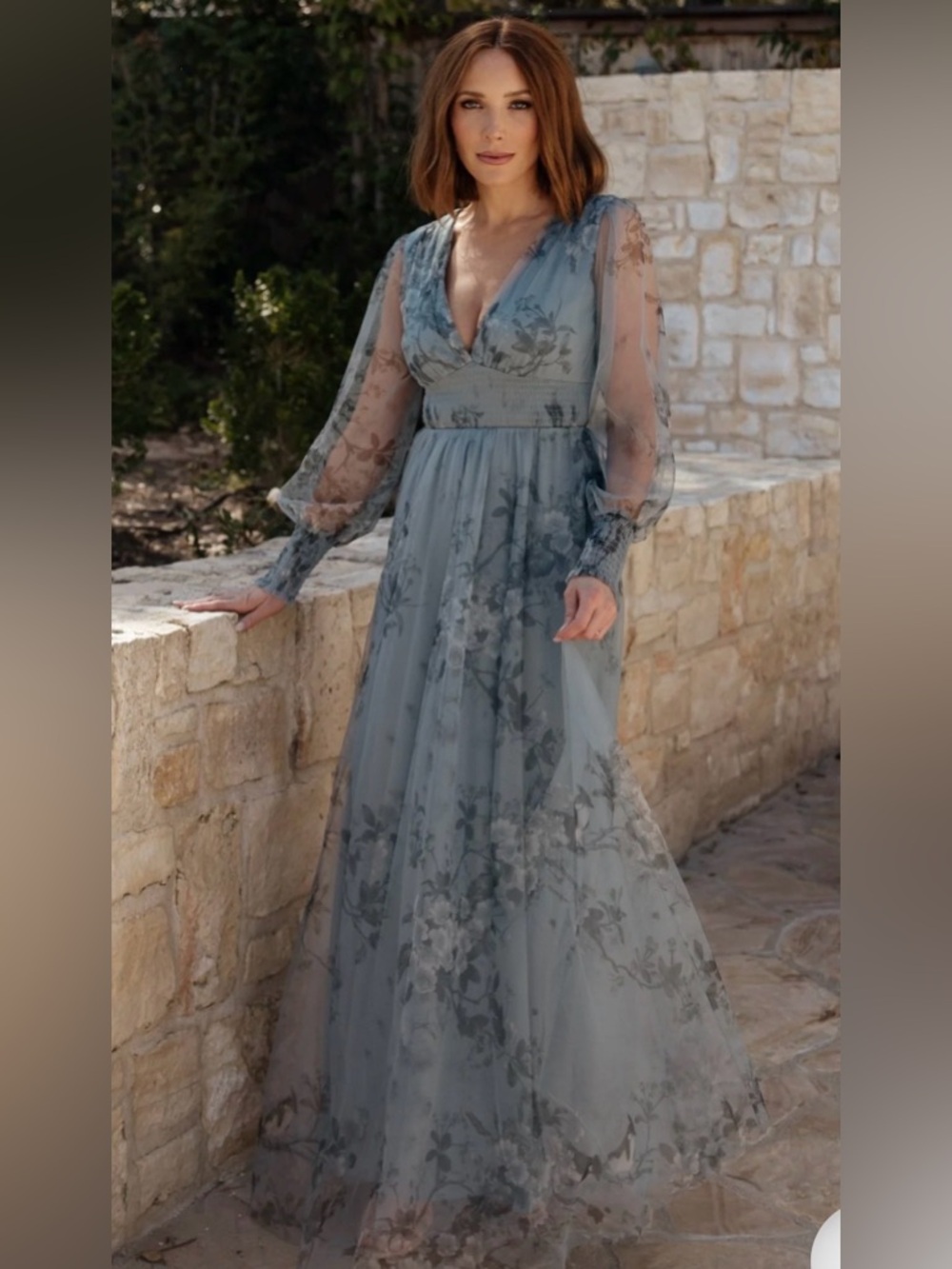 Baltic Born NWT Layla Tulle Maxi Dress Dusty Blue Floral Long Sleeve Boho M